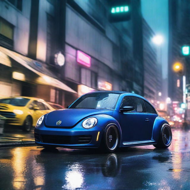 Imaginatively project a dark indigo blue Volkswagen New Beetle with an RWB kit and a ducktail spoiler, hurtling down a neon-lit, rain-soaked Tokyo expressway at night.