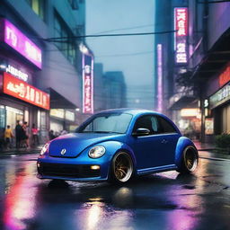 Imaginatively project a dark indigo blue Volkswagen New Beetle with an RWB kit and a ducktail spoiler, hurtling down a neon-lit, rain-soaked Tokyo expressway at night.