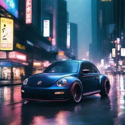 Imaginatively project a dark indigo blue Volkswagen New Beetle with an RWB kit and a ducktail spoiler, hurtling down a neon-lit, rain-soaked Tokyo expressway at night.