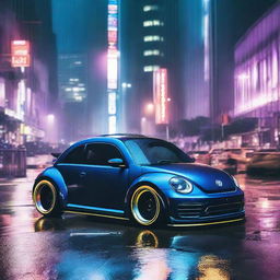 Imaginatively project a dark indigo blue Volkswagen New Beetle with an RWB kit and a ducktail spoiler, hurtling down a neon-lit, rain-soaked Tokyo expressway at night.