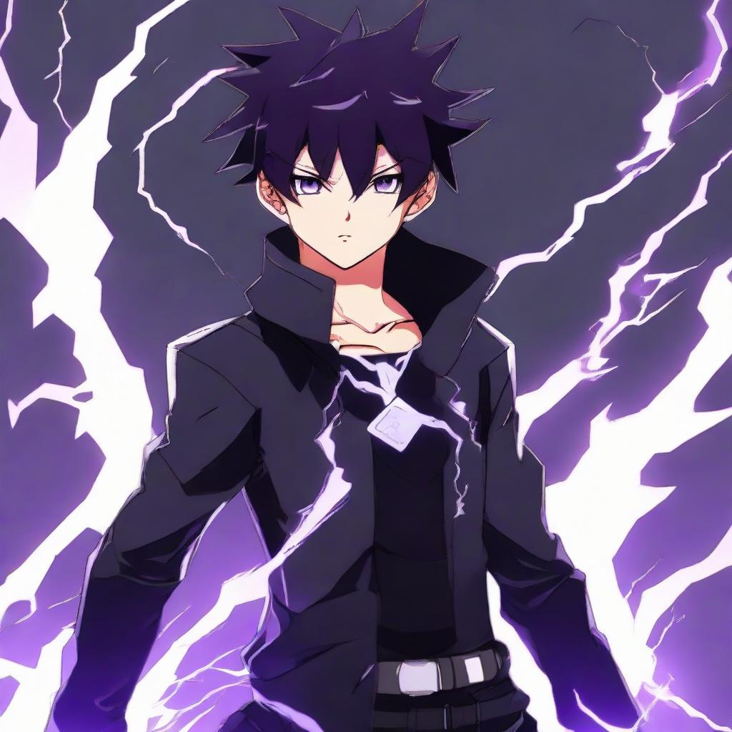 Anime character boy with black and purple hair, black clothing, black eyes, manifesting powerful lightning abilities