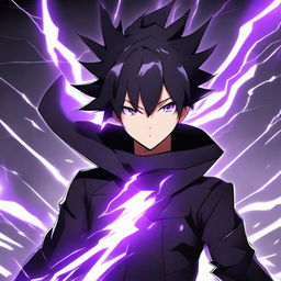 Anime character boy with black and purple hair, black clothing, black eyes, manifesting powerful lightning abilities