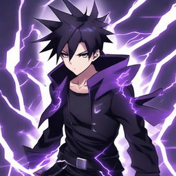 Anime character boy with black and purple hair, black clothing, black eyes, manifesting powerful lightning abilities