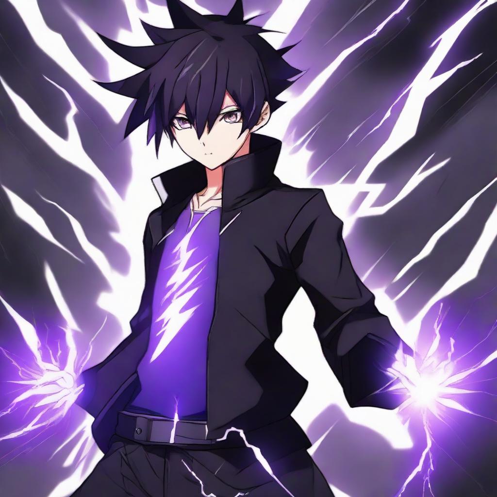 Anime character boy with black and purple hair, black clothing, black eyes, manifesting powerful lightning abilities