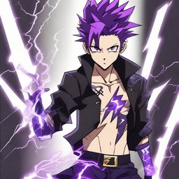 Anime character boy with black eyes, black and purple hair, and black clothing, wielding lightning powers, and adorned with a striking lightning tattoo