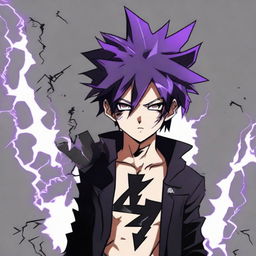 Anime character boy with black eyes, black and purple hair, and black clothing, wielding lightning powers, and adorned with a striking lightning tattoo