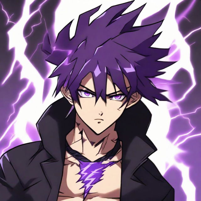 Anime character boy with black eyes, black and purple hair, and black clothing, wielding lightning powers, and adorned with a striking lightning tattoo