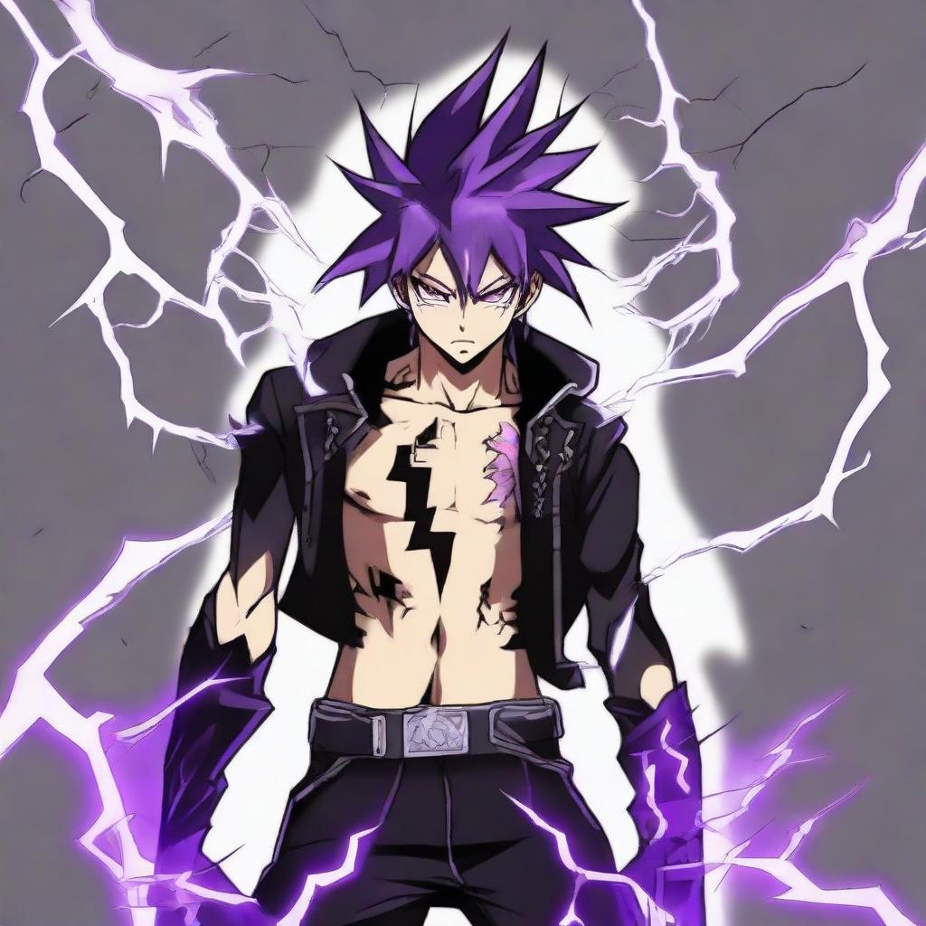 Anime character boy with black eyes, black and purple hair, and black clothing, wielding lightning powers, and adorned with a striking lightning tattoo