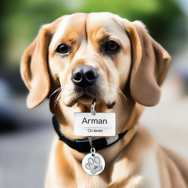 A playful dog wearing a shiny name tag with the name 'ARMAN' engraved on it.