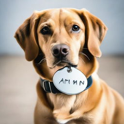 A playful dog wearing a shiny name tag with the name 'ARMAN' engraved on it.