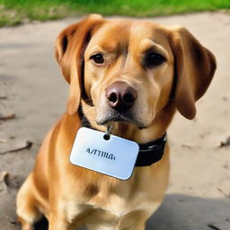 A playful dog wearing a shiny name tag with the name 'ARMAN' engraved on it.