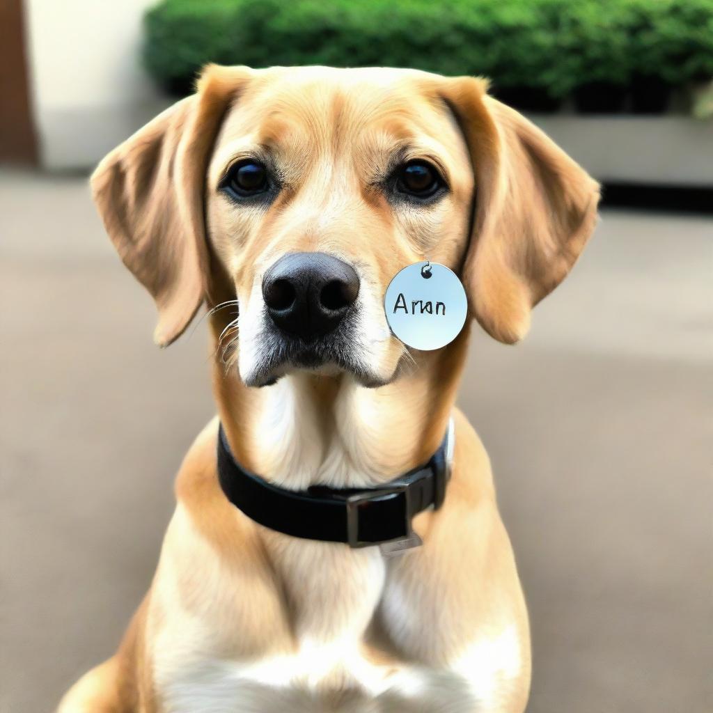 A playful dog wearing a shiny name tag with the name 'ARMAN' engraved on it.