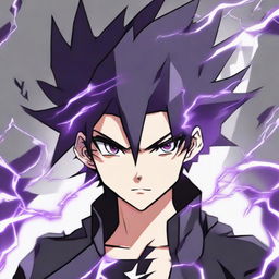 Anime character boy with black and purple hair, black eyes, and black clothing, brandishing lightning powers, with a striking lightning tattoo on his face