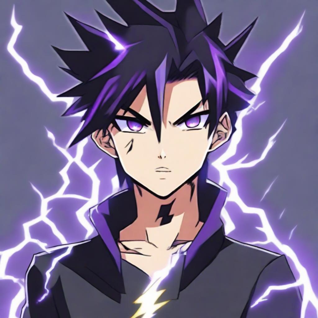 Anime character boy with black and purple hair, black eyes, and black clothing, brandishing lightning powers, with a striking lightning tattoo on his face