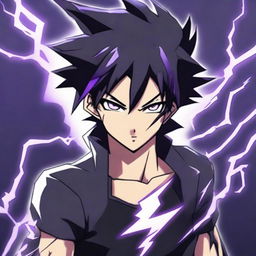 Anime character boy with black and purple hair, black eyes, and black clothing, brandishing lightning powers, with a striking lightning tattoo on his face