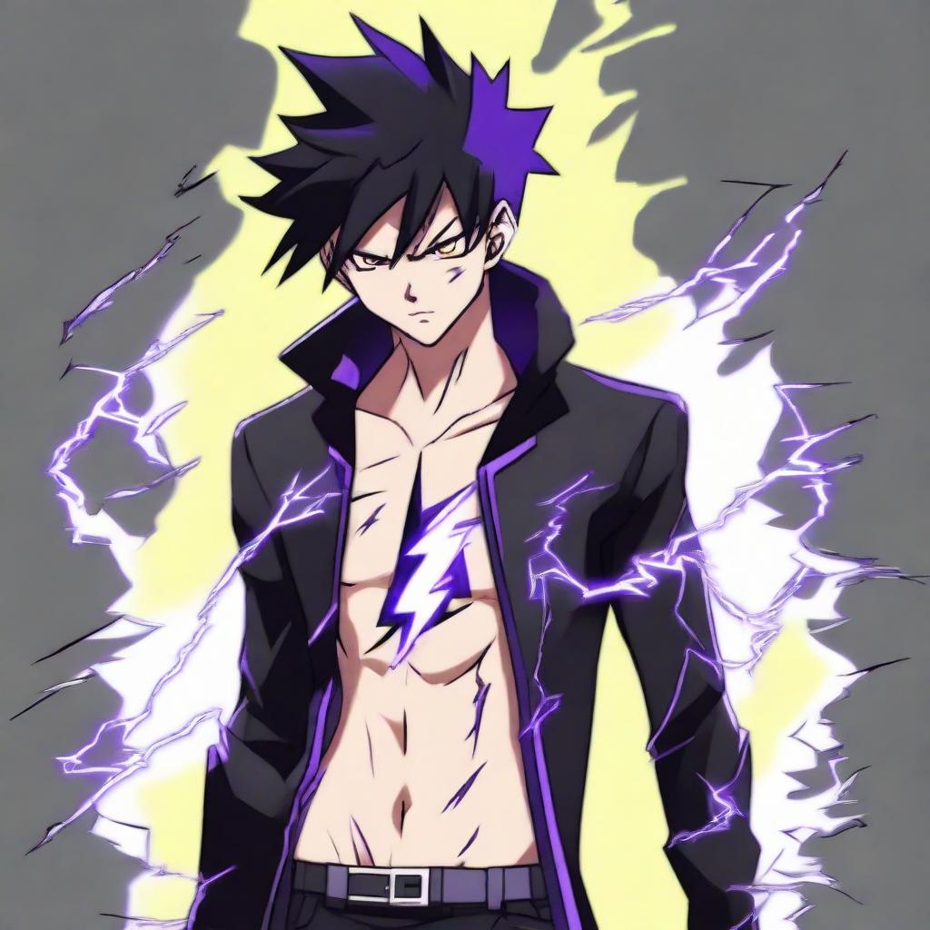 Anime character boy with black and purple hair, black eyes, and black clothing, brandishing lightning powers, with a striking lightning tattoo on his face