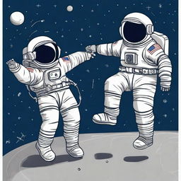 A playful doodle of three astronauts engaged in a game of football in space. Extraneous factors like zero gravity, space helmets and suits should be intrinsic to the illustration.