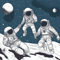 A playful doodle of three astronauts engaged in a game of football in space. Extraneous factors like zero gravity, space helmets and suits should be intrinsic to the illustration.