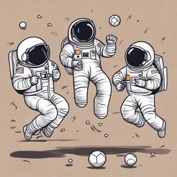 A playful doodle of three astronauts engaged in a game of football in space. Extraneous factors like zero gravity, space helmets and suits should be intrinsic to the illustration.