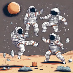 A playful doodle of three astronauts engaged in a game of football in space. Extraneous factors like zero gravity, space helmets and suits should be intrinsic to the illustration.