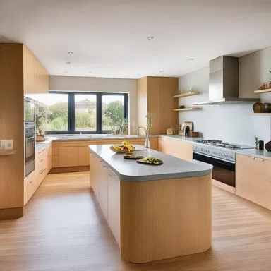 The open-plan kitchen design includes a spacious island with a built-in salad bowl for easy food preparation and serving.
