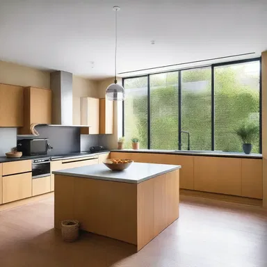The open-plan kitchen design includes a spacious island with a built-in salad bowl for easy food preparation and serving.