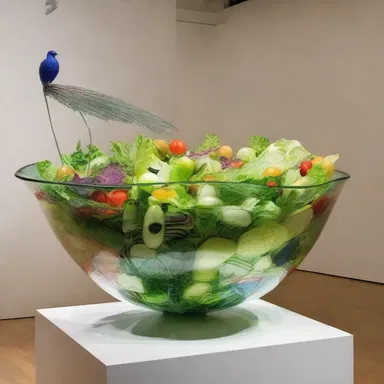 The sculpture exhibit showcases a unique creation made entirely from a salvaged salad bowl.