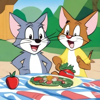 In the cartoon episode, Tom and Jerry had a comical fight over the last salad bowl at the picnic.