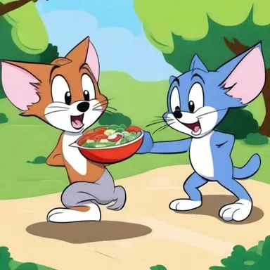 In the cartoon episode, Tom and Jerry had a comical fight over the last salad bowl at the picnic.