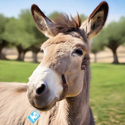 A friendly donkey wearing a glossy name tag with the name 'ARMAN' etched on it.