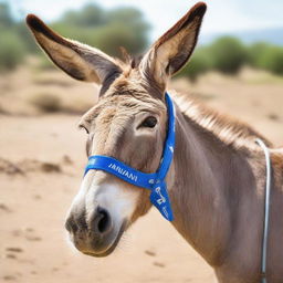 A friendly donkey wearing a glossy name tag with the name 'ARMAN' etched on it.