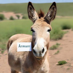 A friendly donkey wearing a glossy name tag with the name 'ARMAN' etched on it.