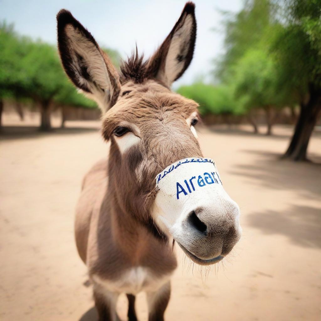 A friendly donkey wearing a glossy name tag with the name 'ARMAN' etched on it.