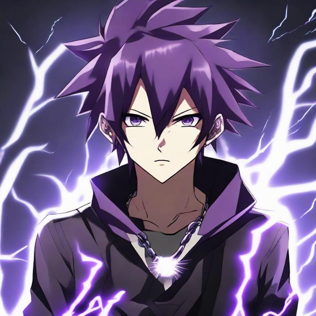 Anime character boy, black and purple hair, black eyes, and black clothing, displaying lightning powers, and wearing a distinctive lightning necklace