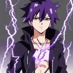 Anime character boy, black and purple hair, black eyes, and black clothing, displaying lightning powers, and wearing a distinctive lightning necklace