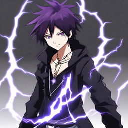 Anime character boy, black and purple hair, black eyes, and black clothing, displaying lightning powers, and wearing a distinctive lightning necklace