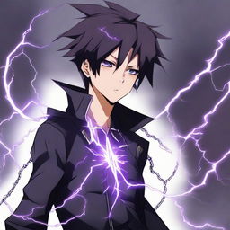 Anime character boy, black and purple hair, black eyes, and black clothing, displaying lightning powers, and wearing a distinctive lightning necklace