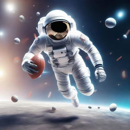 A 3D illustration of an astronaut playing football, incorporating elements of space, helmeted figures, zero gravity, and a futuristic style.