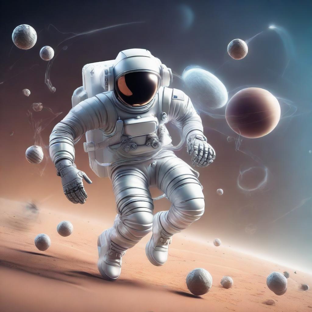 A 3D illustration of an astronaut playing football, incorporating elements of space, helmeted figures, zero gravity, and a futuristic style.