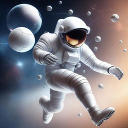 A 3D illustration of an astronaut playing football, incorporating elements of space, helmeted figures, zero gravity, and a futuristic style.