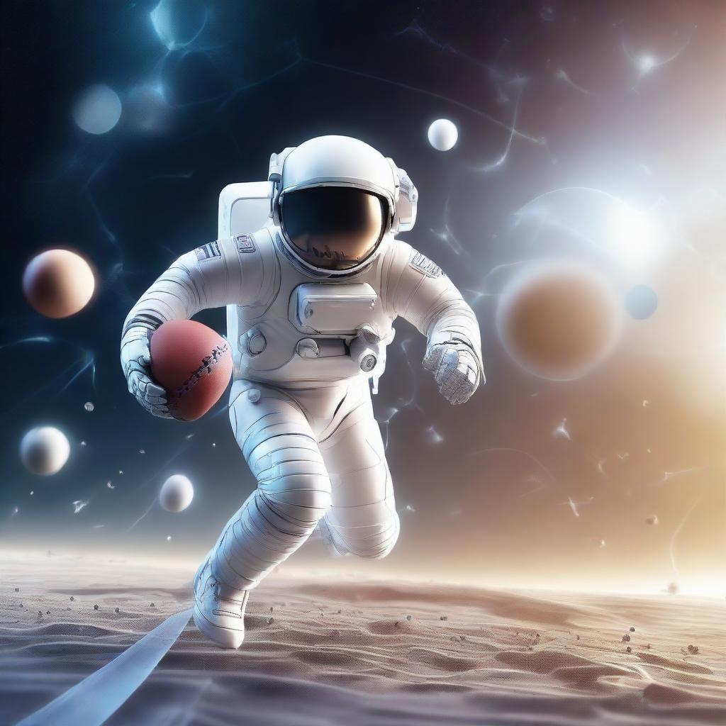 A 3D illustration of an astronaut playing football, incorporating elements of space, helmeted figures, zero gravity, and a futuristic style.