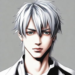 Create a hyperrealistic portrait of Near (Nate River) from Death Note manga as a 21-year-old version. Capture fine details in facial features, enigmatic expression, and signature white hair.