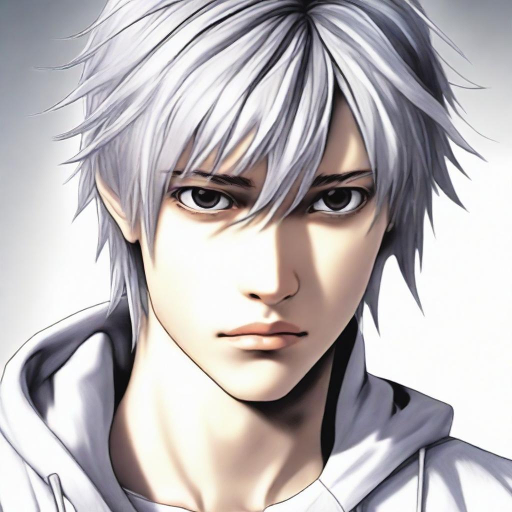 Create a hyperrealistic portrait of Near (Nate River) from Death Note manga as a 21-year-old version. Capture fine details in facial features, enigmatic expression, and signature white hair.