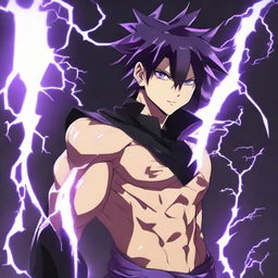 Anime character boy with black and purple hair, black eyes, black clothing, demonstrating lightning powers, wearing a lightning necklace, possessing chiseled abs