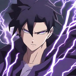 Anime character boy with black and purple hair, black eyes, black clothing, demonstrating lightning powers, wearing a lightning necklace, possessing chiseled abs