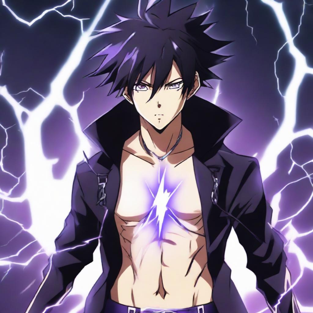 Anime character boy with black and purple hair, black eyes, black clothing, demonstrating lightning powers, wearing a lightning necklace, possessing chiseled abs