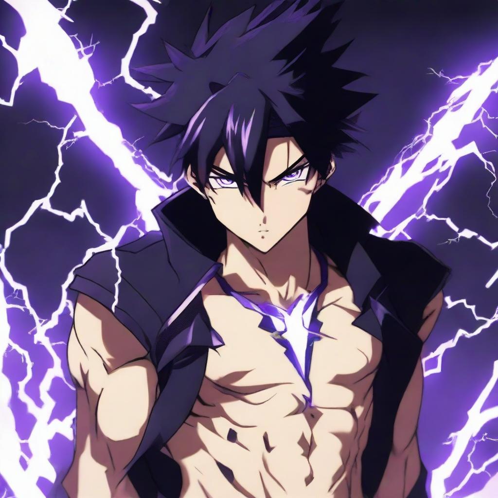 Anime character boy with black and purple hair, black eyes, black clothing, demonstrating lightning powers, wearing a lightning necklace, possessing chiseled abs
