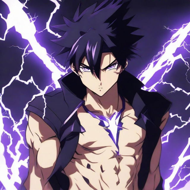 Anime character boy with black and purple hair, black eyes, black clothing, demonstrating lightning powers, wearing a lightning necklace, possessing chiseled abs