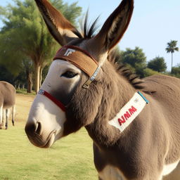 An adorable donkey donning a stylish neck band with the name 'ARMAN' stylishly imprinted on it.