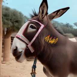 An adorable donkey donning a stylish neck band with the name 'ARMAN' stylishly imprinted on it.